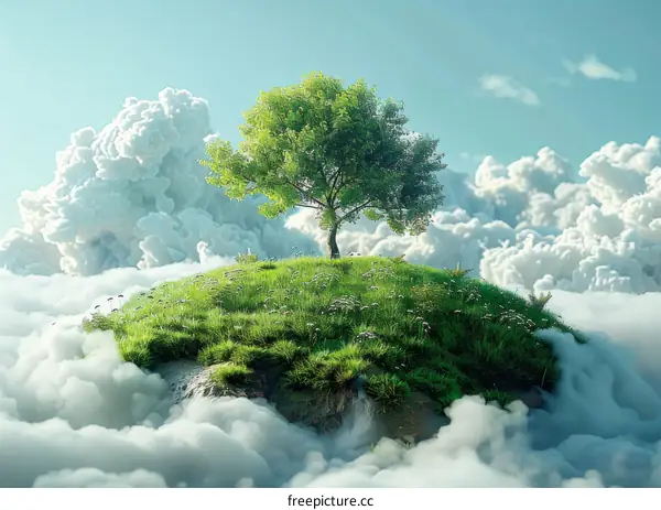 Floating Island Paradise with Lush Greenery and Clouds