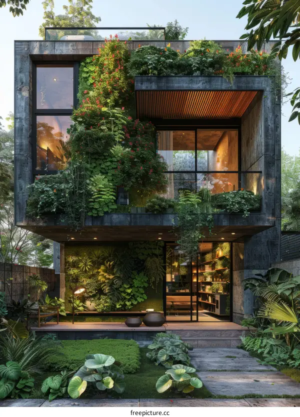 Modern Green House With Plants Growing On The Walls