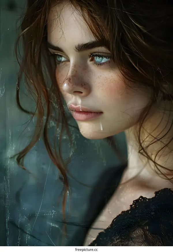 Portrait of a beautiful young woman with freckles and blue eyes