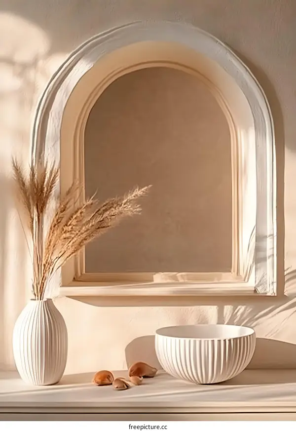 White Vase and Bowl with Dried Grass in a  Arched Window