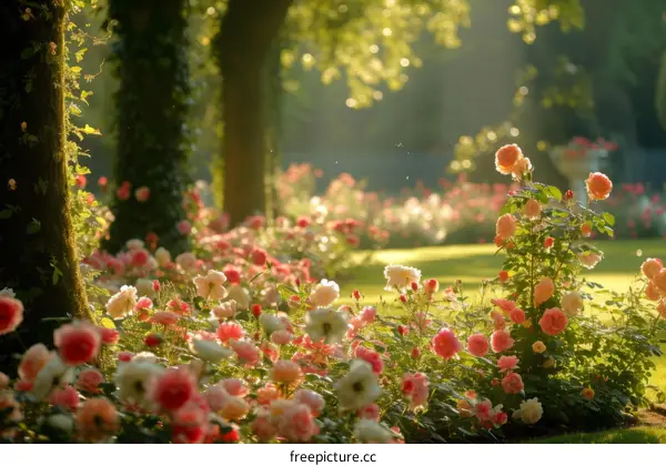 A beautiful garden with many different colored roses