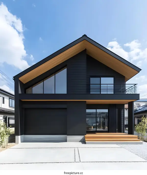 Modern Black House with Wooden Accents and a Large Garage