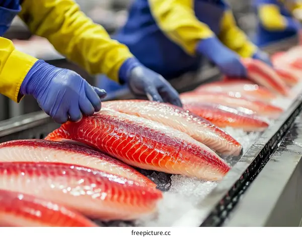 Fresh Fish Fillets on a Conveyor Belt