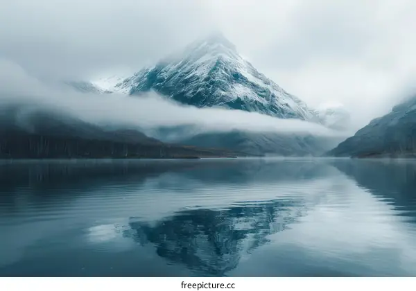 Foggy mountain lake with snow capped peak reflecting in water