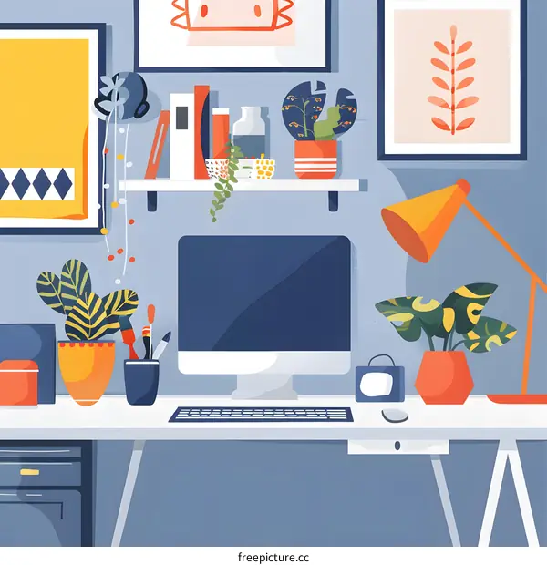 Modern Home Office Interior Design With Desk, Computer, Plants, and Minimalist Decor