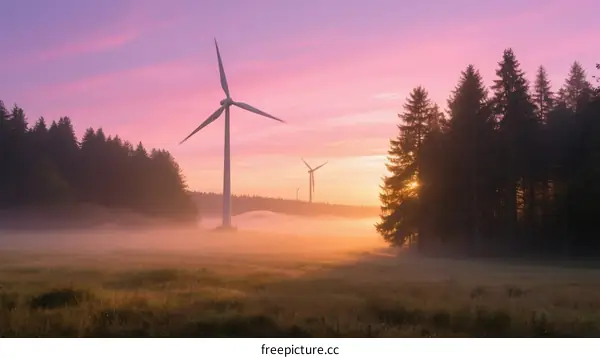 Beautiful Morning Scenery with Wind Turbines in Forest