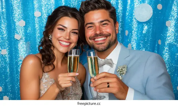 Couple Celebrating with Champagne in Front of a Sparkling Blue Background