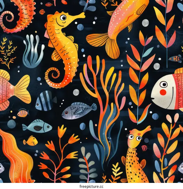 Colorful Underwater World with Cute Fish and Seahorses