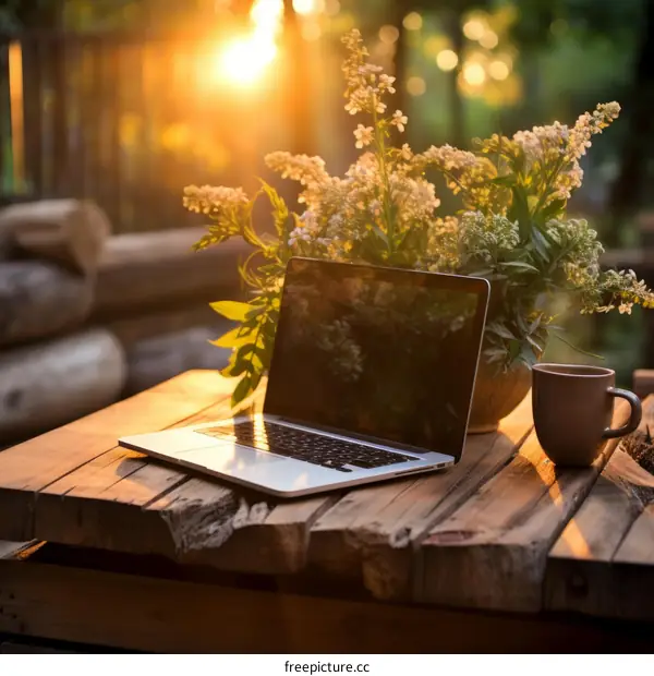 A laptop, flowers, and a cup on a wooden table