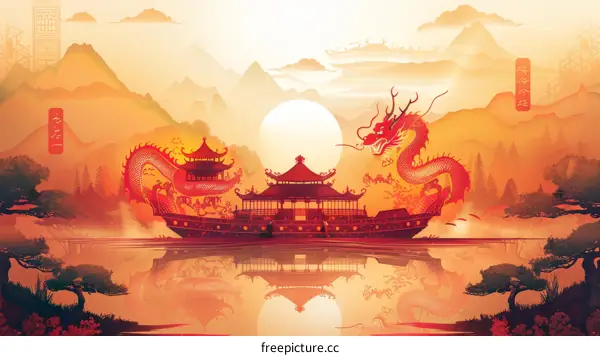 red and yellow dragon boat with building on water with mountains in background