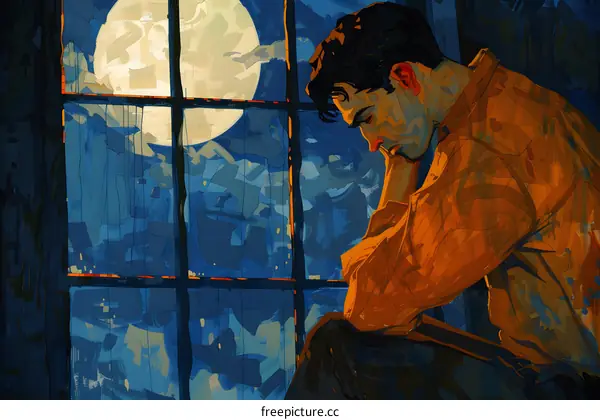 A sad man looking out the window at the moon