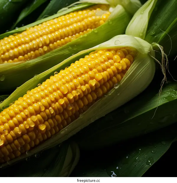 Close-up of fresh corn on the cob with green leaves