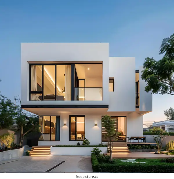 Modern White House with Large Windows and Balcony