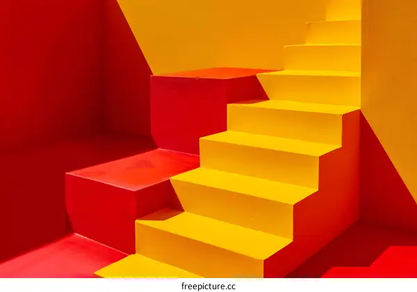 Abstract Minimalist Red and Yellow Stairs with Geometric Shapes