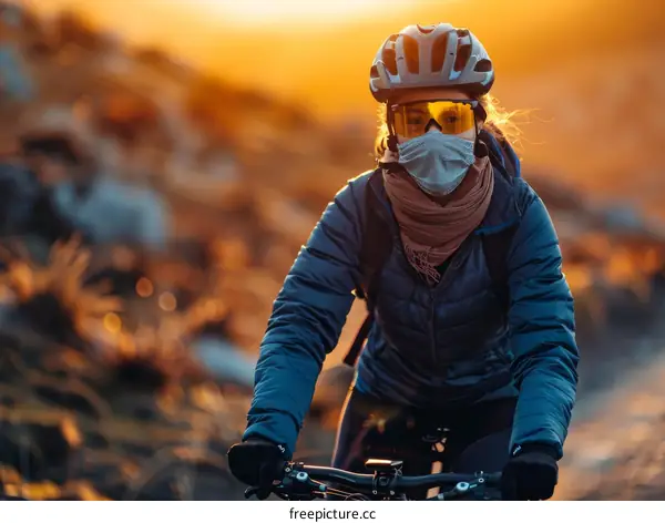 Cyclist wearing a mask rides a bike at sunset