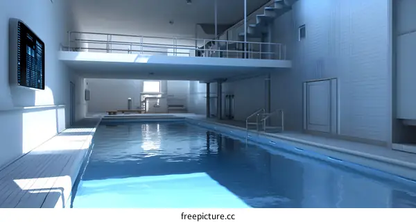 Indoor Swimming Pool With White Walls And Blue Water