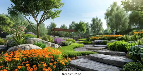 Serene Stone Path Garden with Lush Greenery