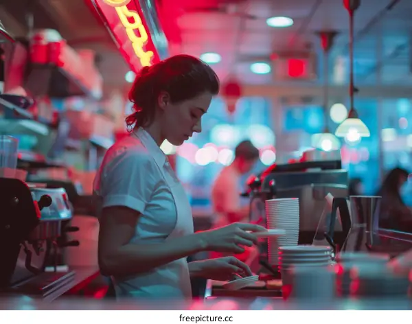 Retro Diner with Caucasian Waitress Stacking Paper Cups Under Neon Lights