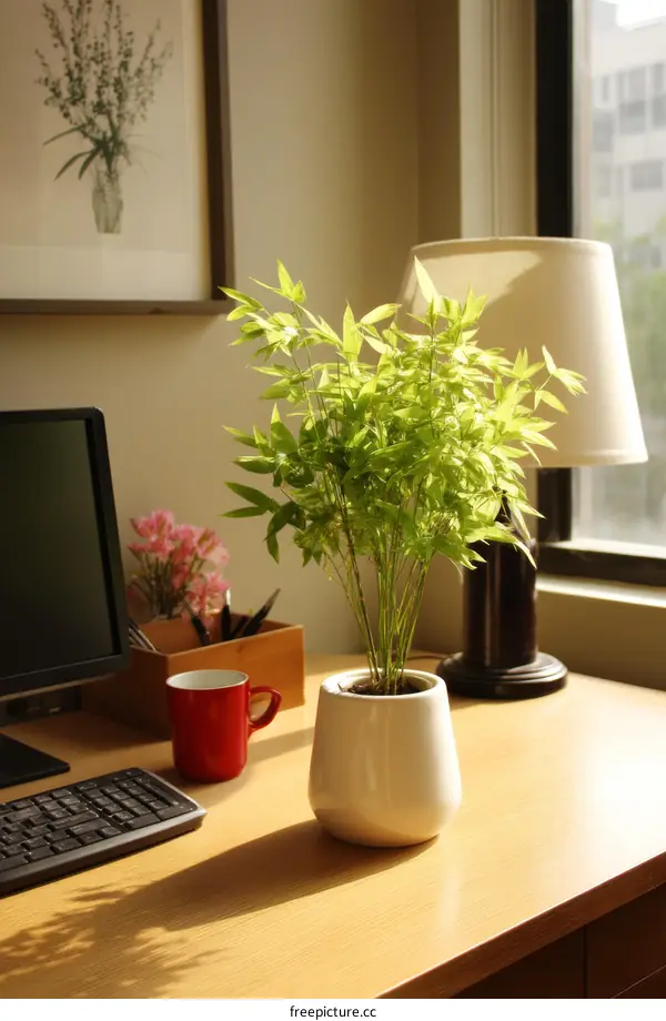 Indoor Office Desk Scene with Potted Plant