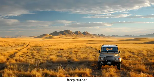 SUV in the middle of a vast desert with mountains in the background