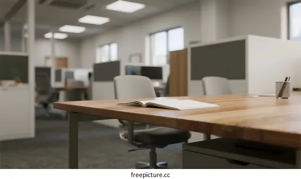 Modern office space with wooden desk and open book