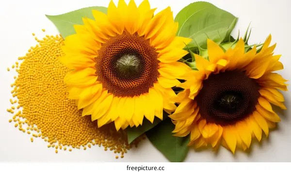 Sunflower, oilseeds, and green leaves on white background
