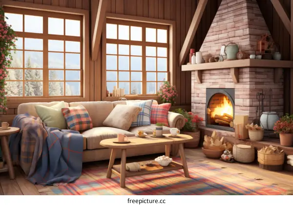 Cozy Living Room with Fireplace and Expansive Windows