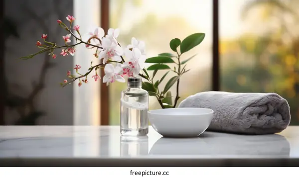 Orchid flowers and spa accessories on a marble table.