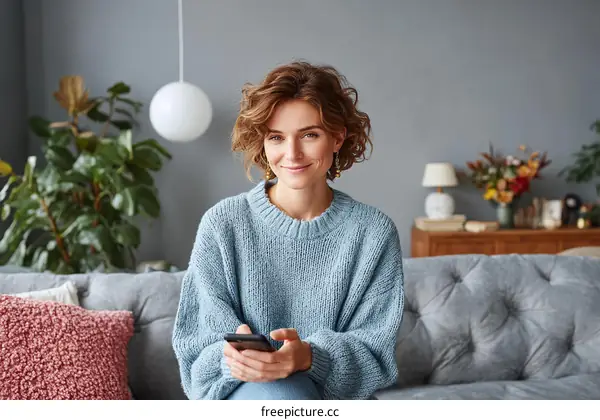 Woman in a light blue sweater using a phone at home