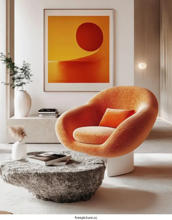 Modern Interior Design with Orange Chair and Abstract Art