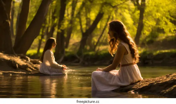 Two young women in white dresses sitting on a rock in a river surrounded by trees