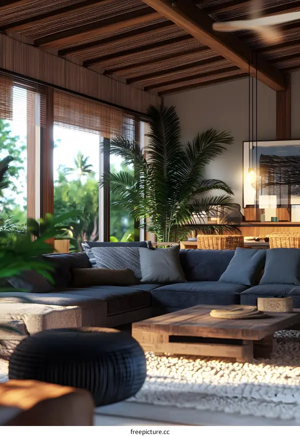 Modern Tropical Living Room Interior Design With Wooden Beams