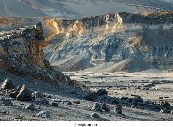 Arid desert landscape with rocks and mountains in the background