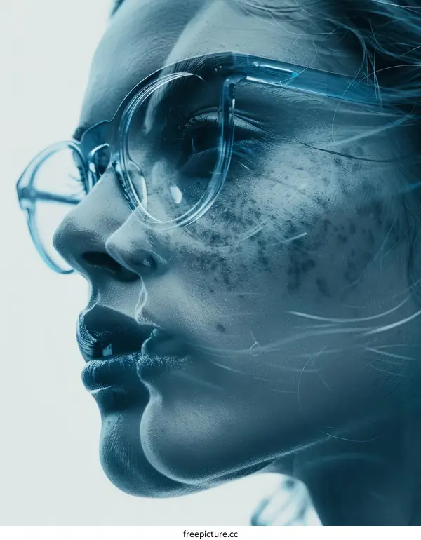 Portrait of a young woman with freckles wearing glasses