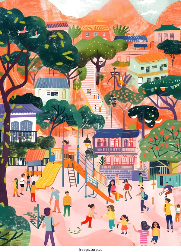 Colorful Illustration of a Playground in a Small Village