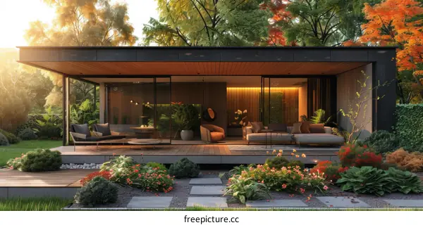 Modern House Exterior Design with Large Glass Windows and Terrace Facade