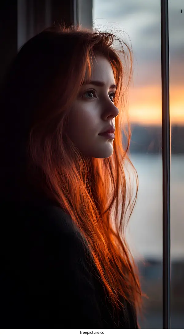 Redhead Woman Looking Through Window at Sunset