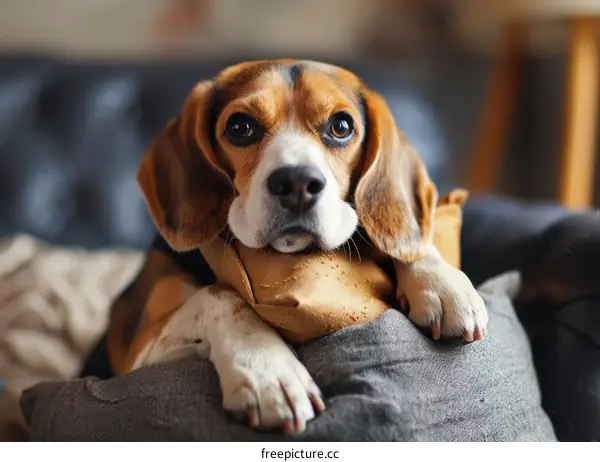 A cute beagle dog is lying on a couch looking at the camera