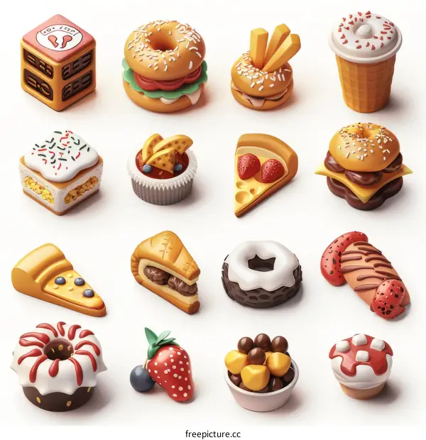 Delicious Food Icons: Burgers, Pizza, Cake & More