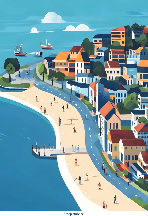Colorful Illustration of a Coastal Town with People Walking on the Beach