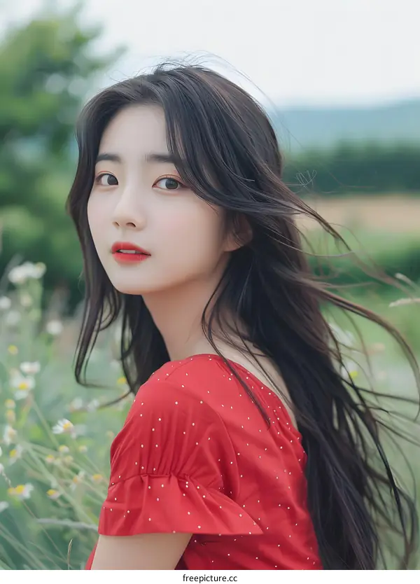 Portrait of a Beautiful Asian Woman in Red Dress With Long Black Hair in the Wind