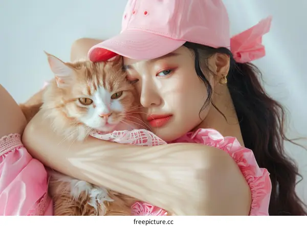 A woman in a pink cap is hugging an orange cat