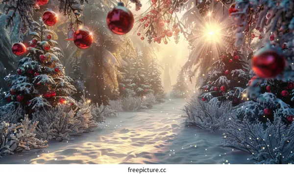 Snowy Forest Under Sun Rays