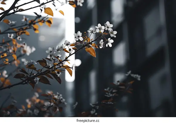 White Flowers On Tree Branch Against Gray Building Background