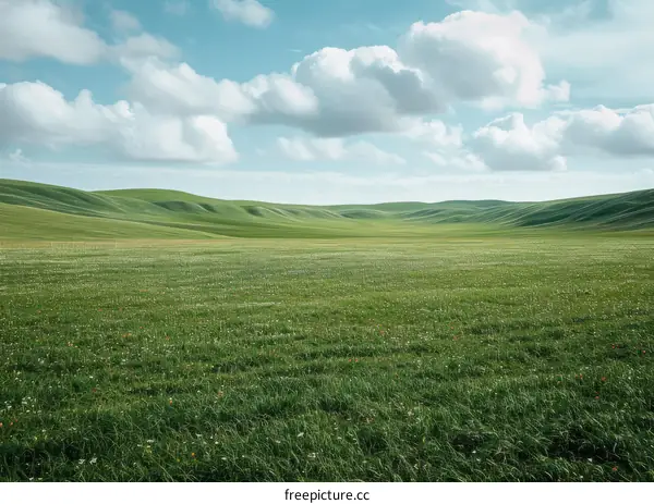 Vast green grassland under blue sky and white clouds