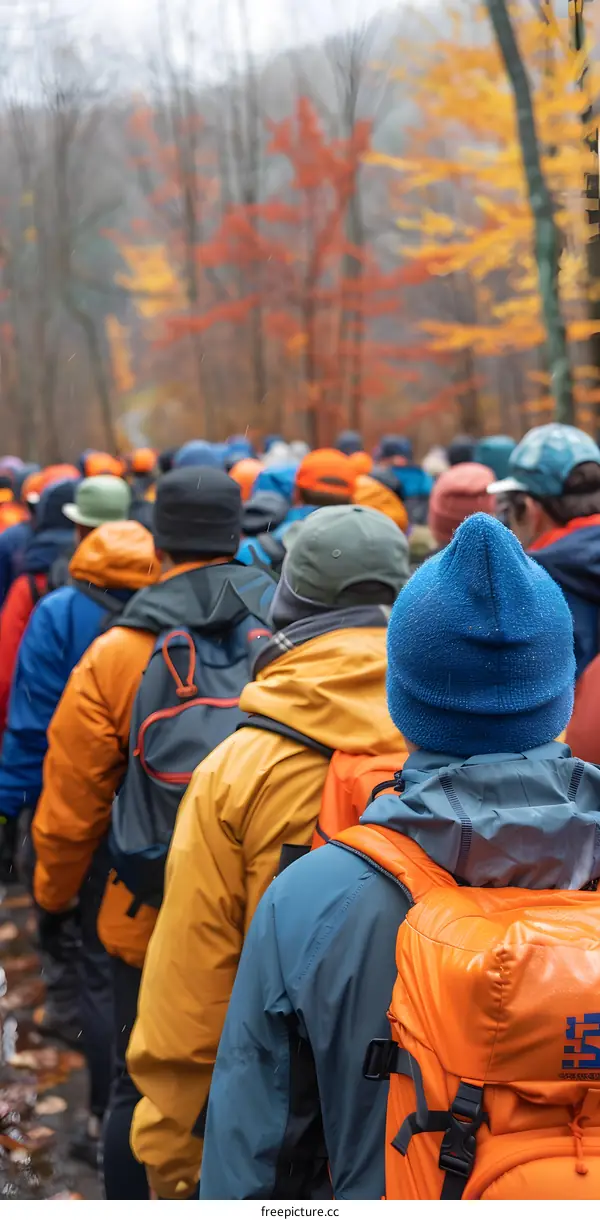 Group of People Hiking in Autumn Forest