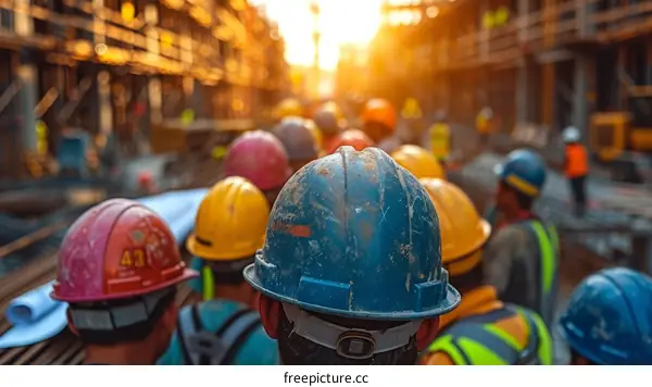 Construction workers wearing safety helmets at a construction site