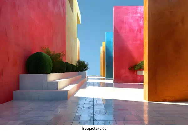 An empty urban canyon with colorful walls and blue sky