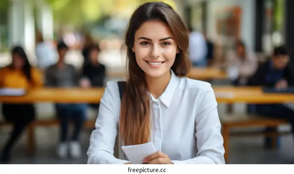 Portrait of a young woman smiling and holding a notebook