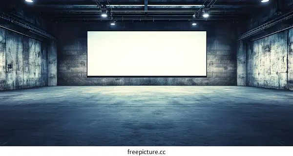Empty Industrial Warehouse with Concrete Walls and a Large White Screen